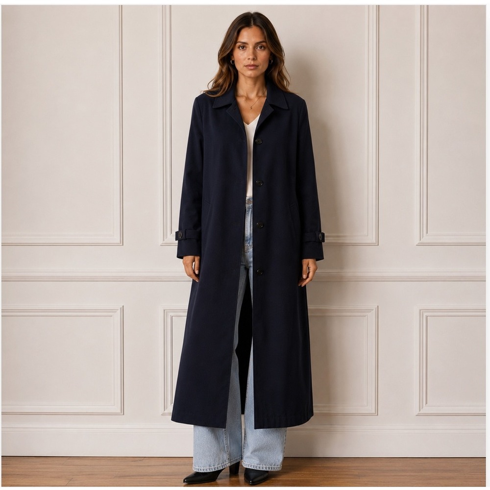 Preston & York Long Wool Lined Trench Coat 8 Navy Long Belted Classic Vintage